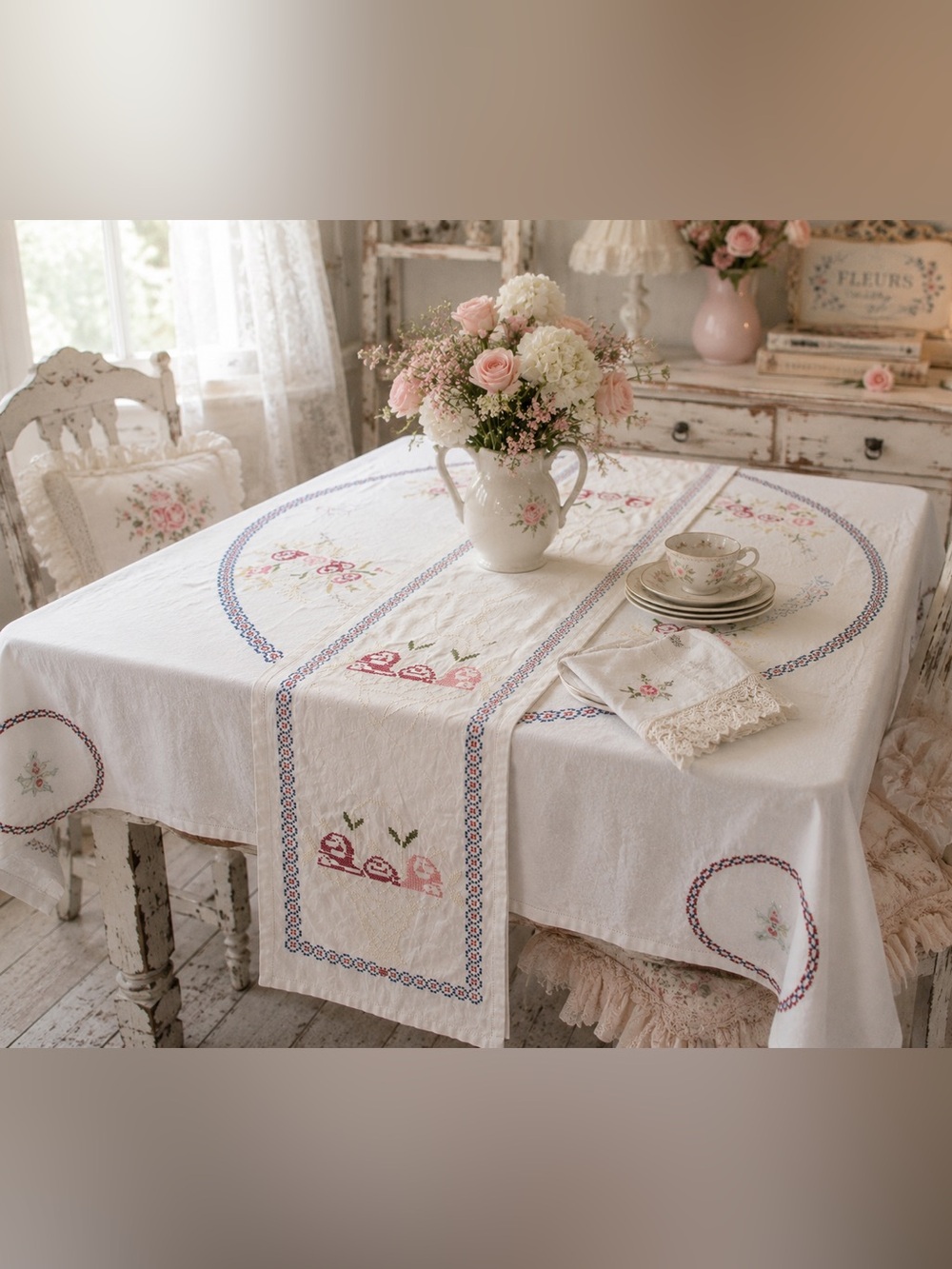 Vtg Hand Embroidered Linen Tablecloth & Runner Set Cottagecore Farmhouse Floral